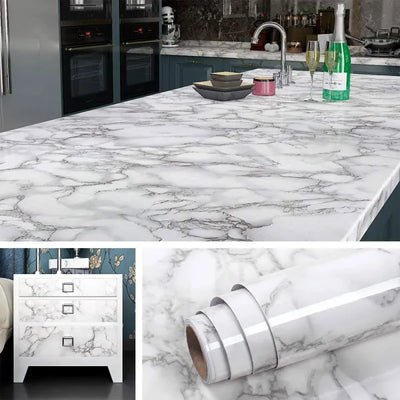 (Pack of 5) Self Adhesive White Marble Sheet for Kitchen